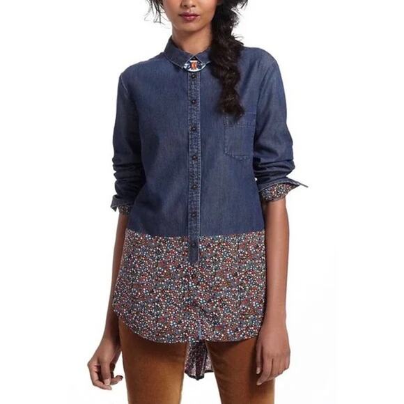 Postmark Anthropologie Flora-Spliced Chambray Floral Button Up Long Sleeve Top - Picture 1 of 10